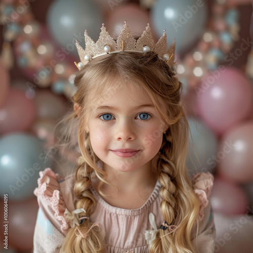 Cute little girl in crown with Birthday cake and balloons on pink background. Made with generative ai.