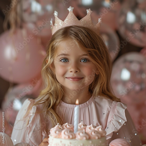 Cute little girl in crown with Birthday cake and balloons on pink background. Made with generative ai.