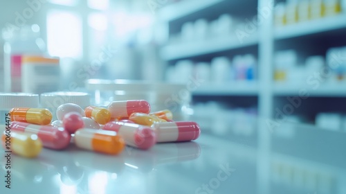 a close-up of pills in various shapes and colors on a clean pharmacy counter, the background is blurred in white tones, emphasizing the sterile and clinical environment