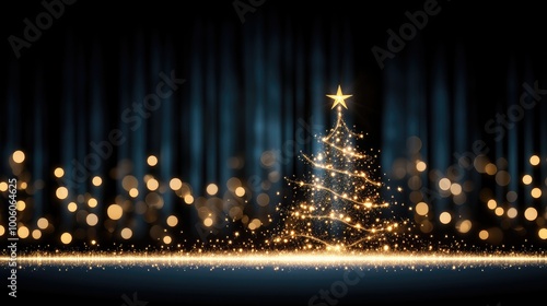A sparkling golden Christmas tree adorned with a star, radiating warmth and magic against a sleek black background