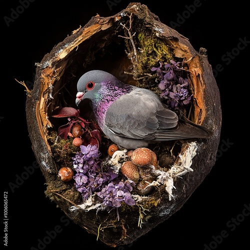 Pigeon in a Nest: A Close-Up Portrait of Nature's Beauty photo