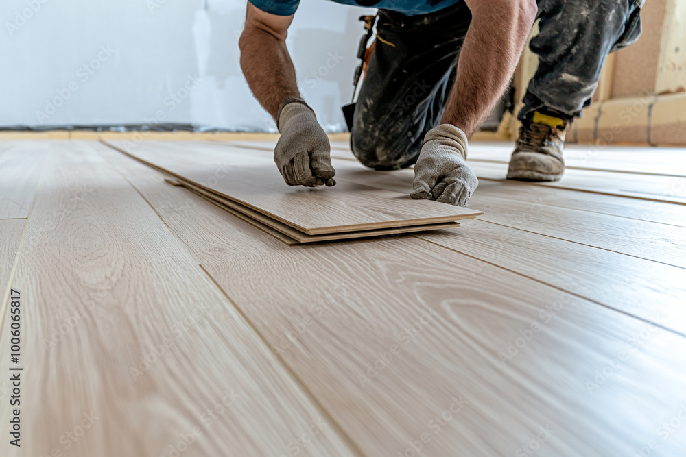 Builder lays a floor. Laminate. Only the floor and hands are visible. Builder lays a floor. Laminate. Only the floor and hands are visible.