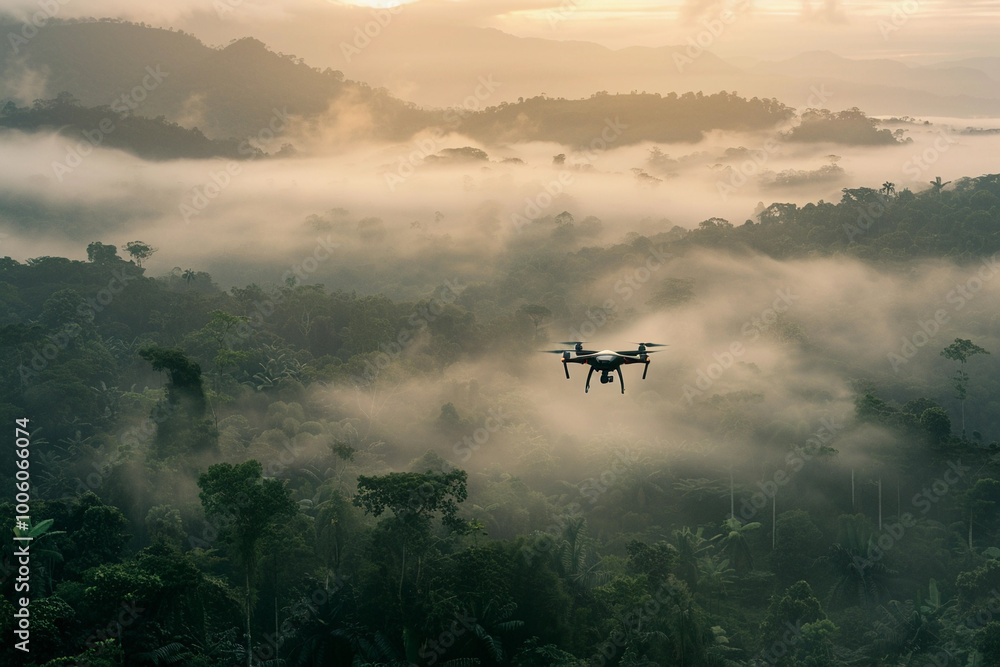 Drone flying in the sky over nature during observation Drone flying in the sky over nature during observation