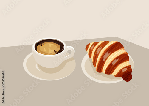 Espresso cup and croissant on a plate. Breakfast theme. Bakery concept. Vector illustration. Coffee time.