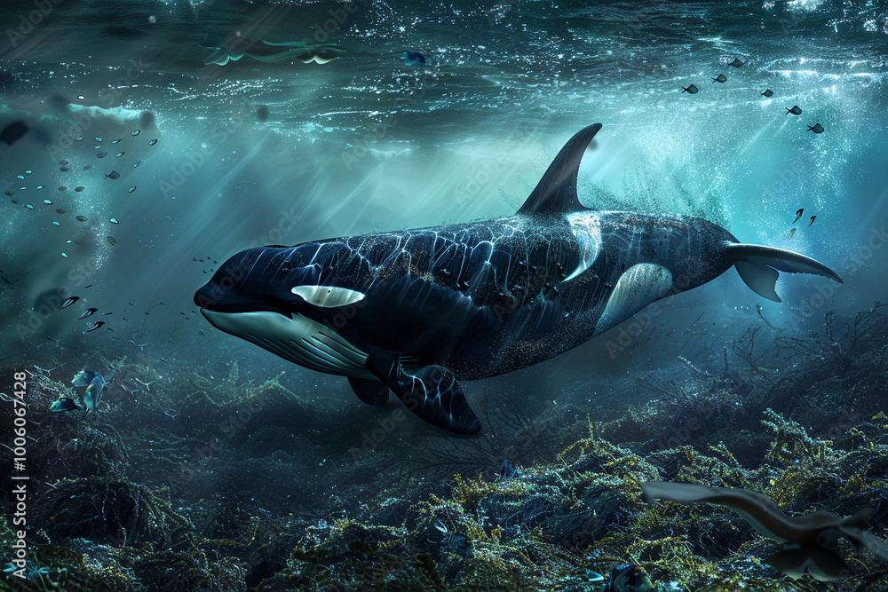 Fototapeta premium Fantastically beautiful majestic huge whale in ocean