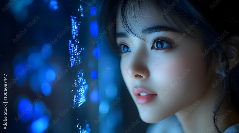 Woman Gazing at Blue Light, Digital Art, Closeup Portrait Woman Gazing at Blue Light, Digital Art, Closeup Portrait