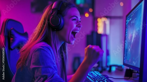 A woman live streaming her competitive esports session, surrounded by her gaming setup with glowing keyboards, dynamic backgrounds, and a chat window full of excited viewers.