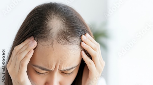 2409_446.a young asian woman captured in a moment of despair as she stares into a mirror, her fingers gripping strands of hair that have visibly become sparse, reflecting her struggle with hair loss