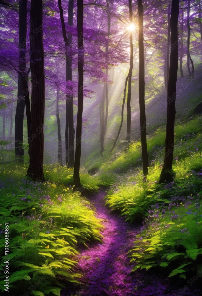 Fototapeta premium lush vibrant forest scenery sunlight filtering through leaves creating mosaic light shadow forest floor, air, aerial, atmosphere, biodiversity, biosphere