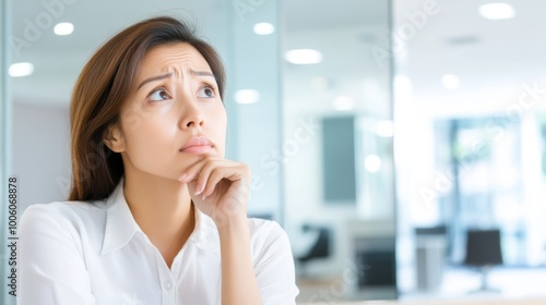 Free Download 2409_449.asian young woman contemplating her hair care options in front of a mirror, one hand resting on her chin in thought while the other delicately touches areas of thinning hair - GFXLoad