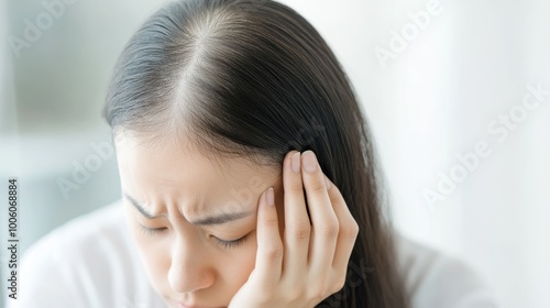 2409_449.asian young woman contemplating her hair care options in front of a mirror, one hand resting on her chin in thought while the other delicately touches areas of thinning hair