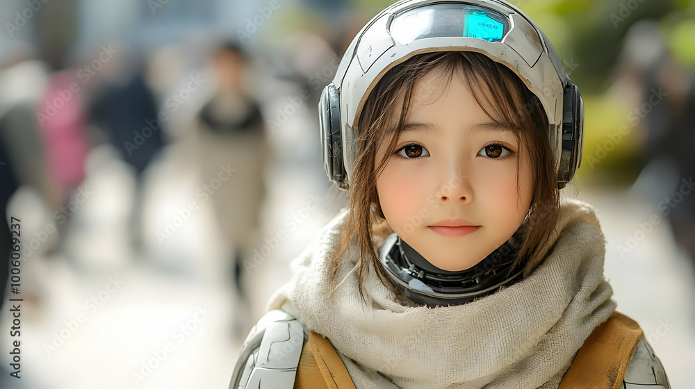 Young Girl Wearing Futuristic Helmet Poses with Serious Look Young Girl Wearing Futuristic Helmet Poses with Serious Look