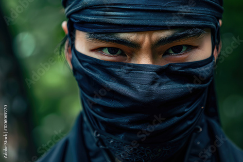 Japanese ninja warrior dressed in samurai clothes holding a sharp sword