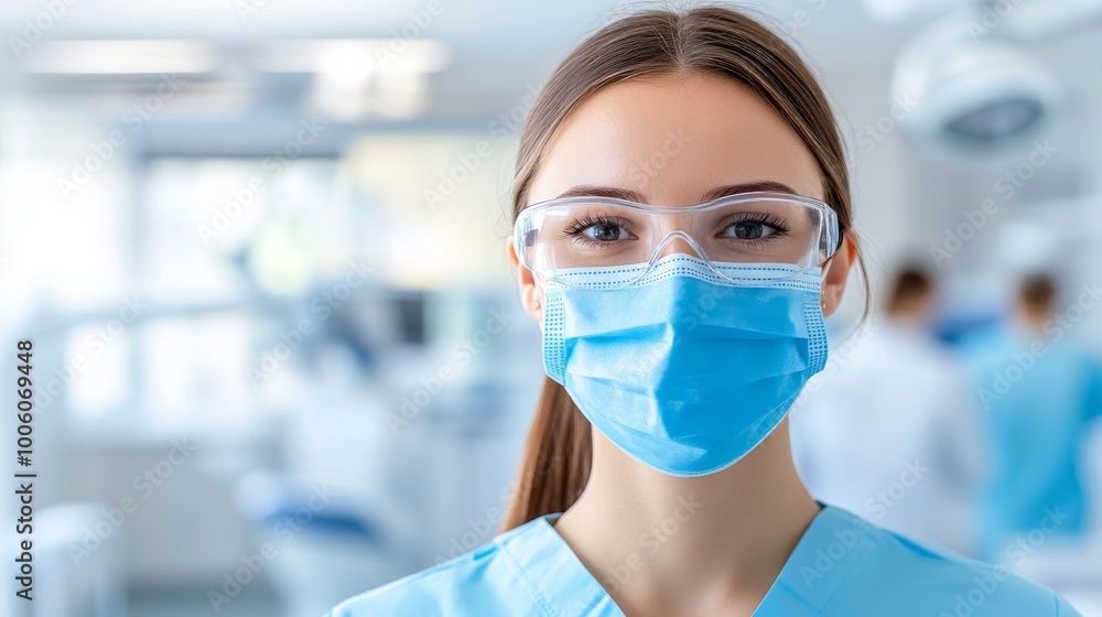 2409_463.detailed image of a young woman dentist smiling at the camera, showcasing her blue mask, professional dental uniform, and binocular loupes, with a well-lit clinic environment behind her 2409_463.detailed image of a young woman dentist smiling at the camera, showcasing her blue mask, professional dental uniform, and binocular loupes, with a well-lit clinic environment behind her