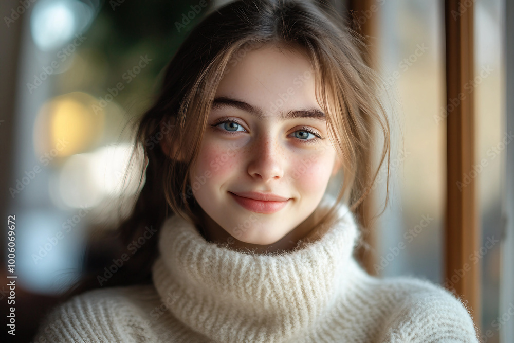 Happy cute girl cozy winter time weekend morning generative AI Happy cute girl cozy winter time weekend morning generative AI