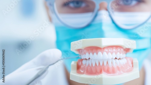 2409_466.close up photograph capturing a young woman dentist attentively examining a dental model, wearing binocular loupes and a blue mask, with a bright dental clinic backdrop