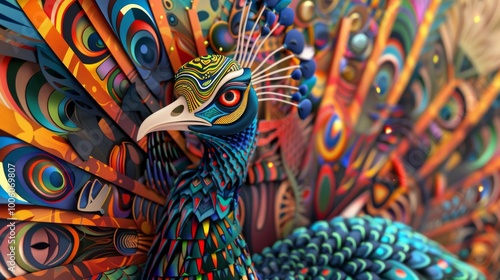 Peacock head in conceptual art with colorful tribal ornaments.