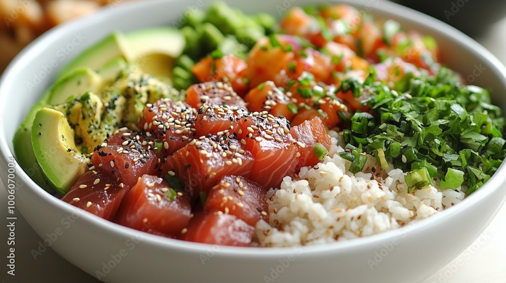 Delicious and healthy poke bowl with salmon and avocado is served on the table Delicious and healthy poke bowl with salmon and avocado is served on the table