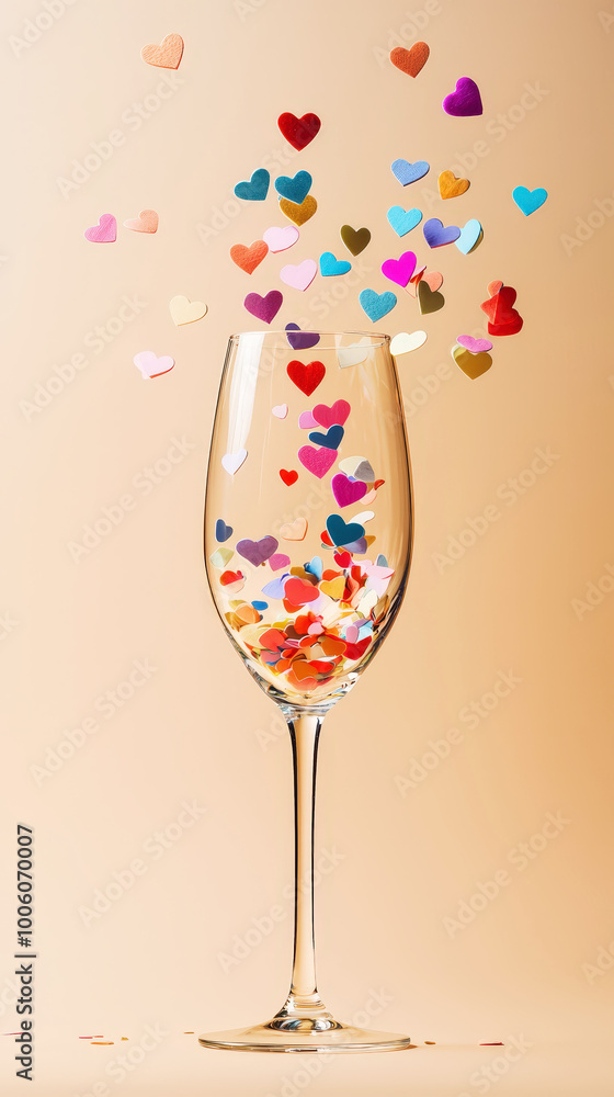 Confetti hearts exploding from champagne glass on light background, copy space, party invitation. Generative AI Confetti hearts exploding from champagne glass on light background, copy space, party invitation. Generative AI