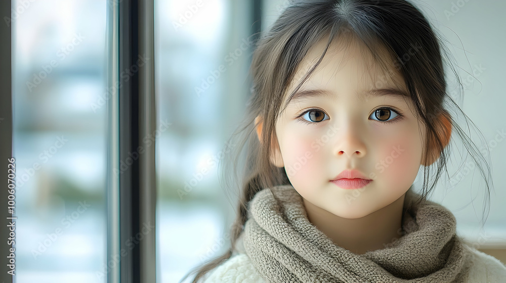 Little Girl Gazing Through Window with Soft Brown Eyes Little Girl Gazing Through Window with Soft Brown Eyes