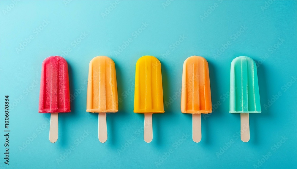 Colorful Ice cream popsicle on pastel blue background. Minimal summer concept. Flat lay. Colorful Ice cream popsicle on pastel blue background. Minimal summer concept. Flat lay.