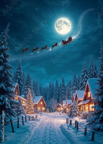 christmas village with santa claus and reindeers on sleigh flying over it