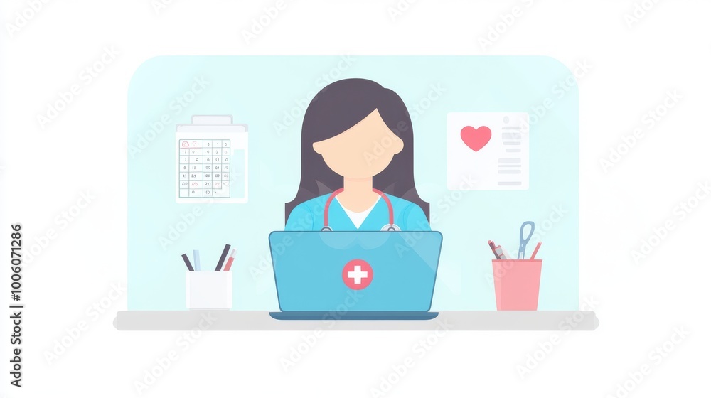 2409_510.compassionate young woman doctor in blue scrubs, engaging with a patient over a video call on her laptop, her workspace filled with medical tools and a calendar, radiating warmth and 2409_510.compassionate young woman doctor in blue scrubs, engaging with a patient over a video call on her laptop, her workspace filled with medical tools and a calendar, radiating warmth and