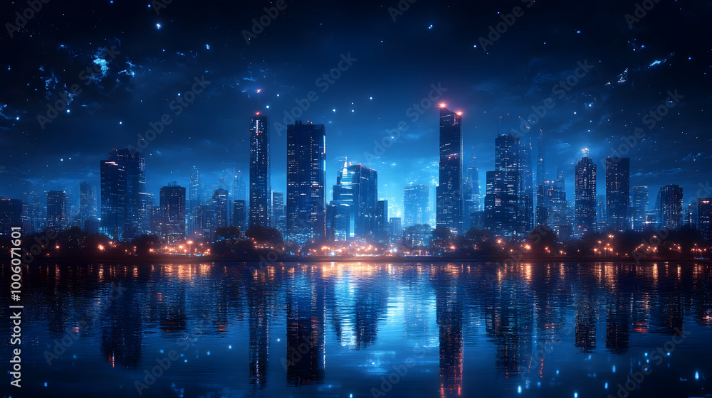 Fototapeta premium Cityscape Reflections Under Starry Night