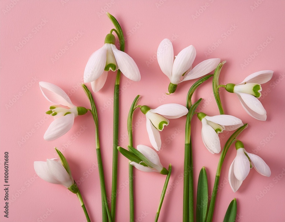 Obraz premium Creative layout made with snowdrop flowers on pink background. Minimal nature love background. Spring flowers concept.
