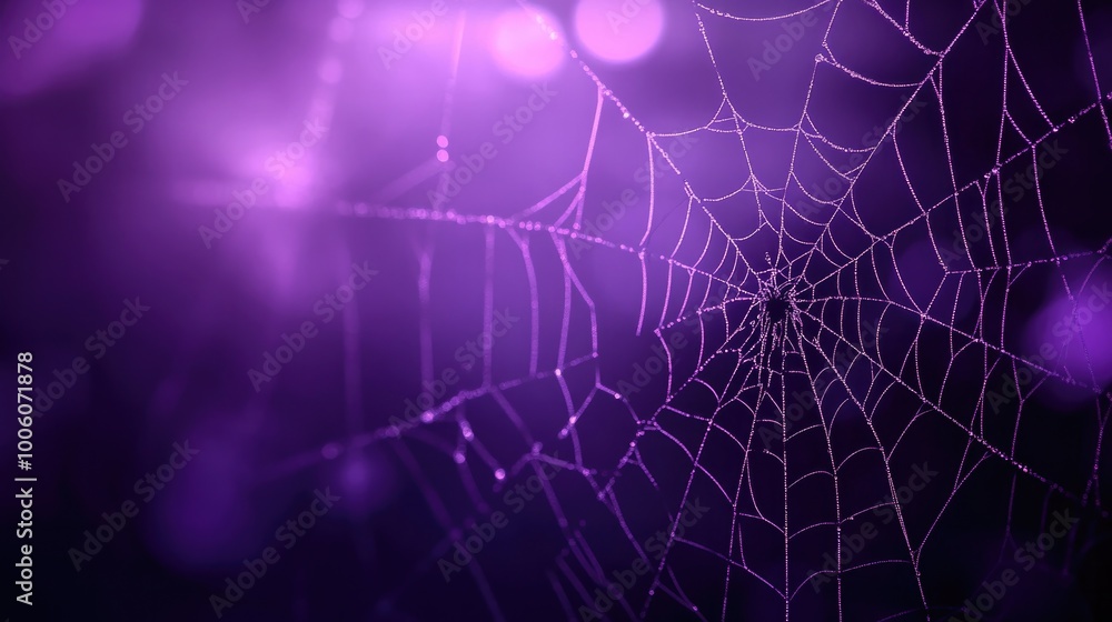 Intricate spider web highlighted by purple light, with soft glowing bokeh effects in the background, giving off a spooky and enchanting Halloween feel. Intricate spider web highlighted by purple light, with soft glowing bokeh effects in the background, giving off a spooky and enchanting Halloween feel.