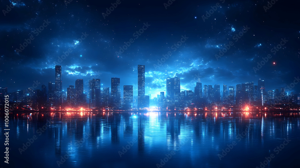 Naklejka premium Cityscape at Night with Stars and Reflections