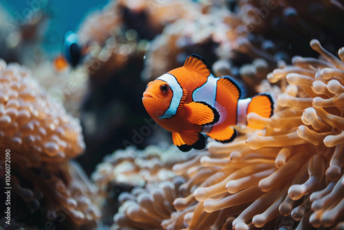 A fantastically beautiful bright clownfish swims in sea among the corals