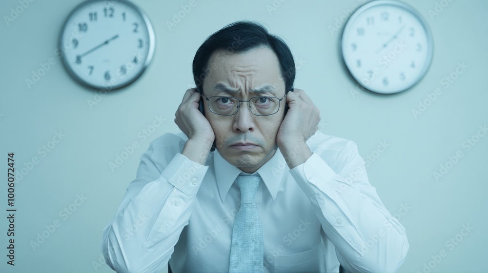 2409_004.mid-shot of a businessman sitting at his desk, leaning forward with a strained look, clutching his wrist while on a phone call; a calendar and a clock visible on the wall 2409_004.mid-shot of a businessman sitting at his desk, leaning forward with a strained look, clutching his wrist while on a phone call; a calendar and a clock visible on the wall