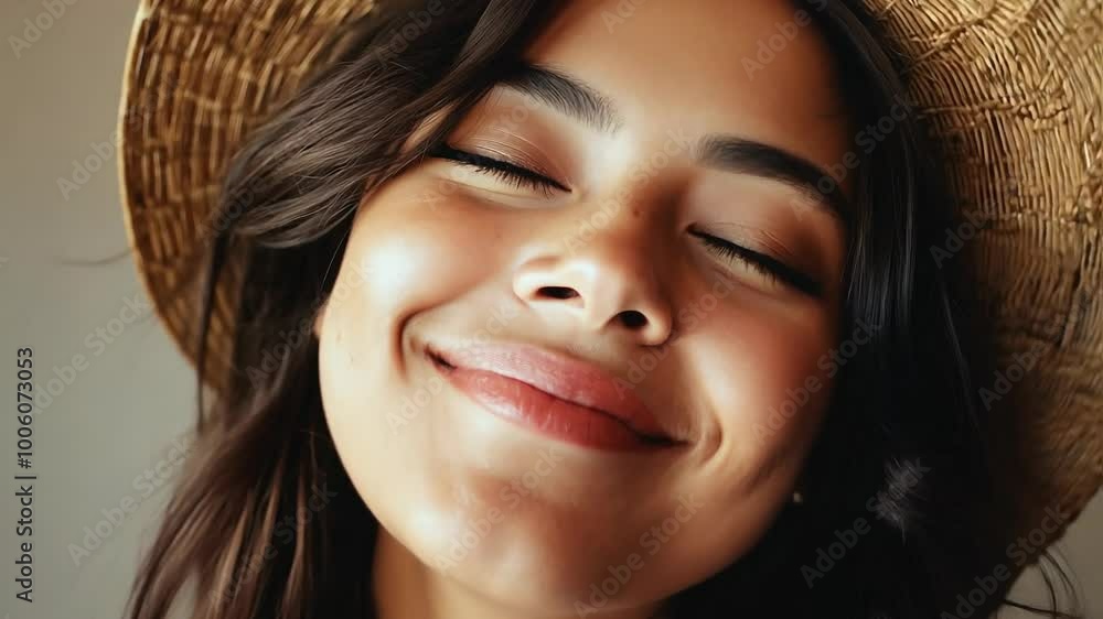 Young Woman Smiling and Relaxing with Eyes Closed in Straw Hat Young Woman Smiling and Relaxing with Eyes Closed in Straw Hat