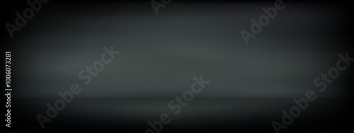 Empty black solid studio gradient bg with flashlight in the center. Dark gloomy wall and floor. Interior mockup for product showcase. Simple stage backdrop. Vector illustration