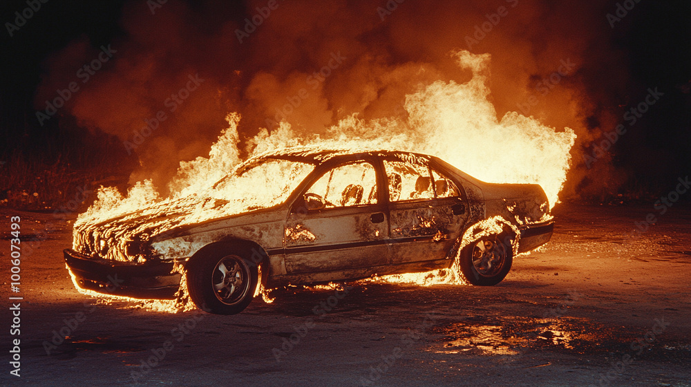 Burning and smashed car at night. Vandalism Burning and smashed car at night. Vandalism