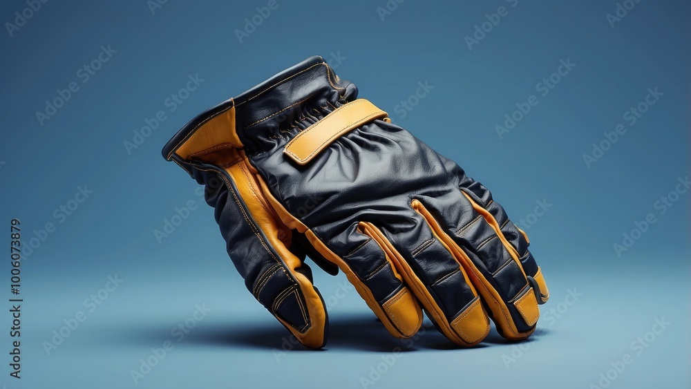 3D icon of industrial safety gloves with realistic leather finish, displayed against a clean blue background. 3D icon of industrial safety gloves with realistic leather finish, displayed against a clean blue background.