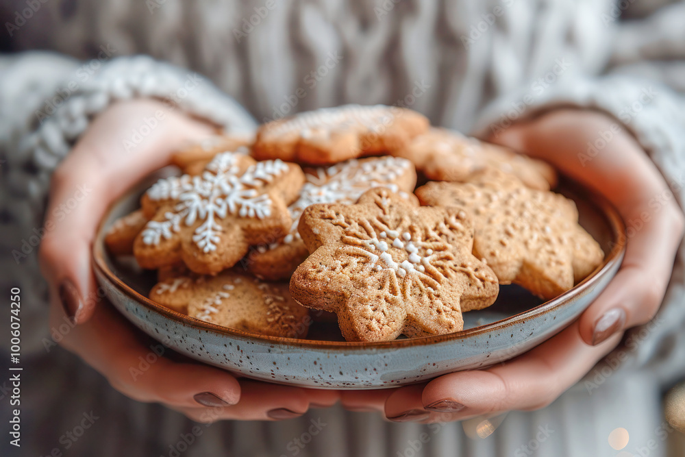 A bowl of freshly baked Christmas cookies held in hands, with a cozy and warm background. A bowl of freshly baked Christmas cookies held in hands, with a cozy and warm background.
