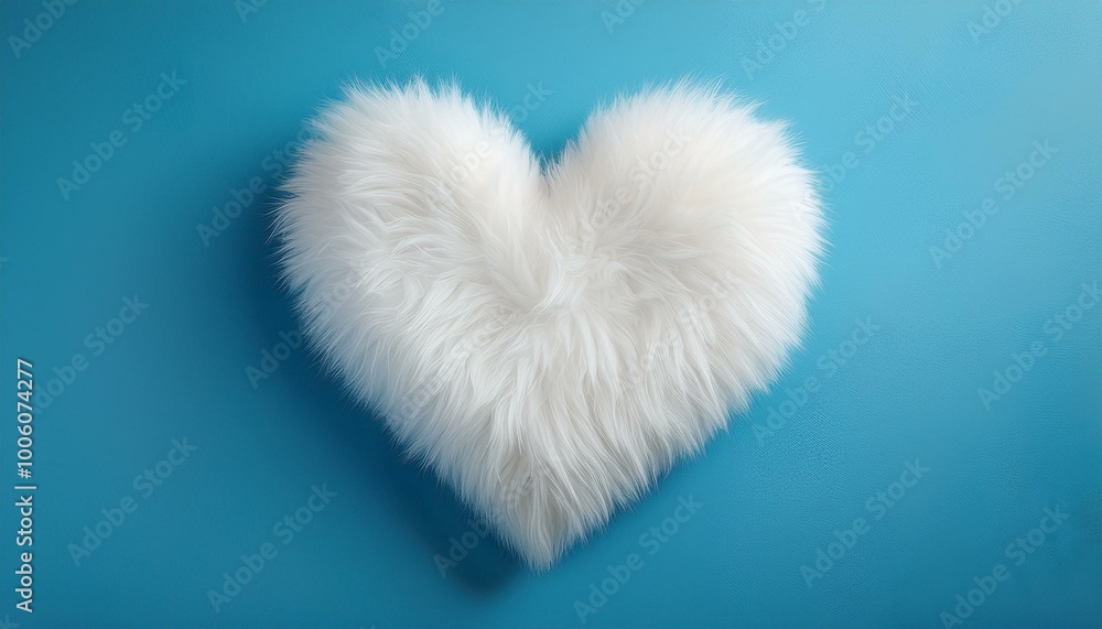 Fluffy White Fur Heart Shape on Baby Blue Minimalist Background, Soft Texture, Romantic and Cozy Concept, Valentine's Day Decor, Love, Minimalism Fluffy White Fur Heart Shape on Baby Blue Minimalist Background, Soft Texture, Romantic and Cozy Concept, Valentine's Day Decor, Love, Minimalism