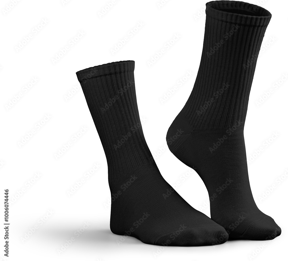 Mockup of high, long black socks 3d rendering, png, side view Mockup of high, long black socks 3d rendering, png, side view