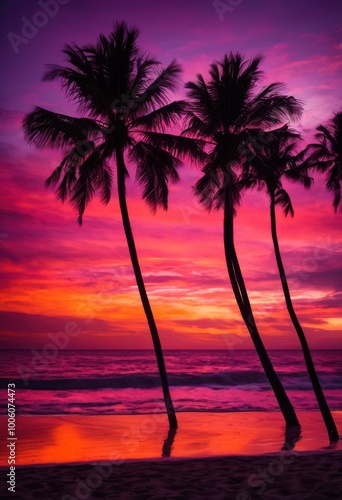 vibrant sunset over beach silhouette palm trees glowing colorful horizon, sky, orange, pink, yellow, cloud, water, ocean, sand, reflection, tropical, nature