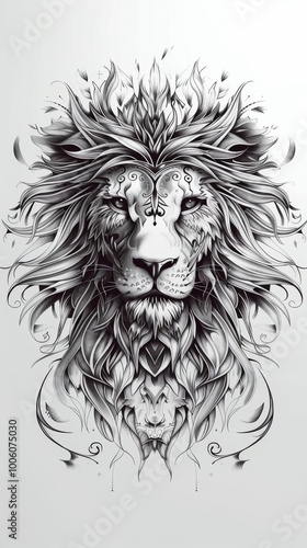 Realistic illustration of a lion head with intricate tribal designs.