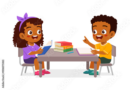 little kid read book together with friend on library