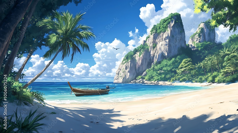 Naklejka premium Tranquil Tropical Beach Scene with Palm Trees, Cliffs, and a Boat.