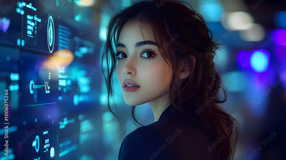 Mysterious Woman in Neon City, Cyberpunk Portrait with Digital Interface Mysterious Woman in Neon City, Cyberpunk Portrait with Digital Interface