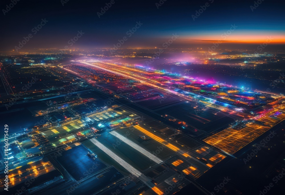 Fototapeta premium stunning night aerial view showcasing vibrant airport runway lights illuminating dark sky, illumination, travel, landscape, urban, glow, traffic, aviation