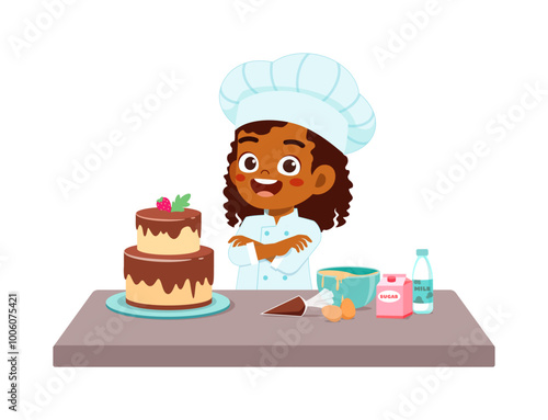 happy cute little kid boy and girl wear chef uniform and cooking a birthday cake