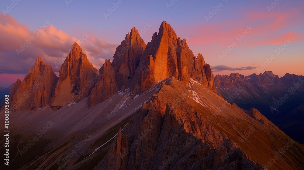 Naklejka premium A breathtaking mountainous landscape during what appears to be either sunrise or sunset. The dominant peak, bathed in a soft, golden hue, stands tall amidst a sea of jagged, snow-capped peaks.