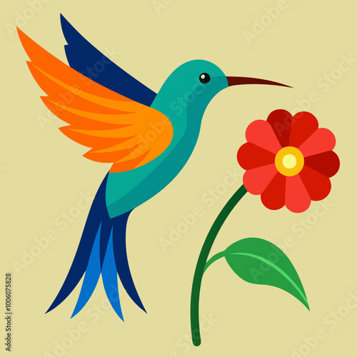 Vibrant Sunbird Vector Illustration Hovering Above Colorful Flower Garden
