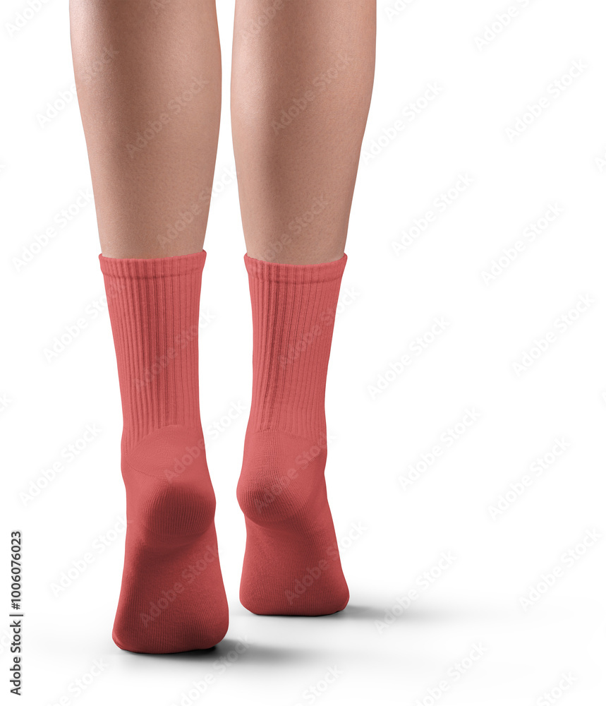 Mockup of high, long red socks on women's legs, png, back view Mockup of high, long red socks on women's legs, png, back view